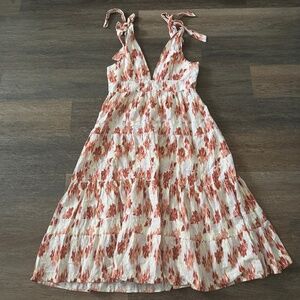 House of Harlow 1960 Revolve Zoey Midi Dress Sz  L Linen Rayon Floral Earth Tone